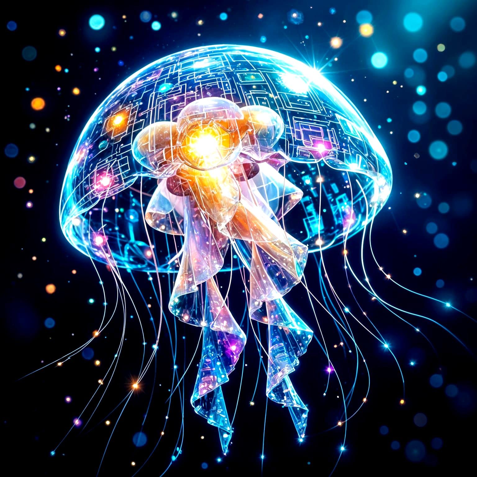 Glass Jellyfish Made of Glowing Circuit Boards