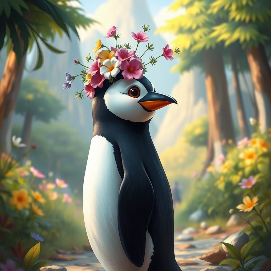 Fantasy Penguin in a Lush Forest with Brush Strokes