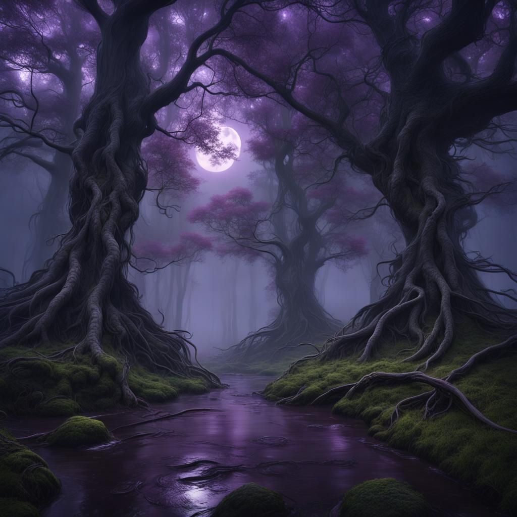 Dark Rainy Forest with Purple Moons