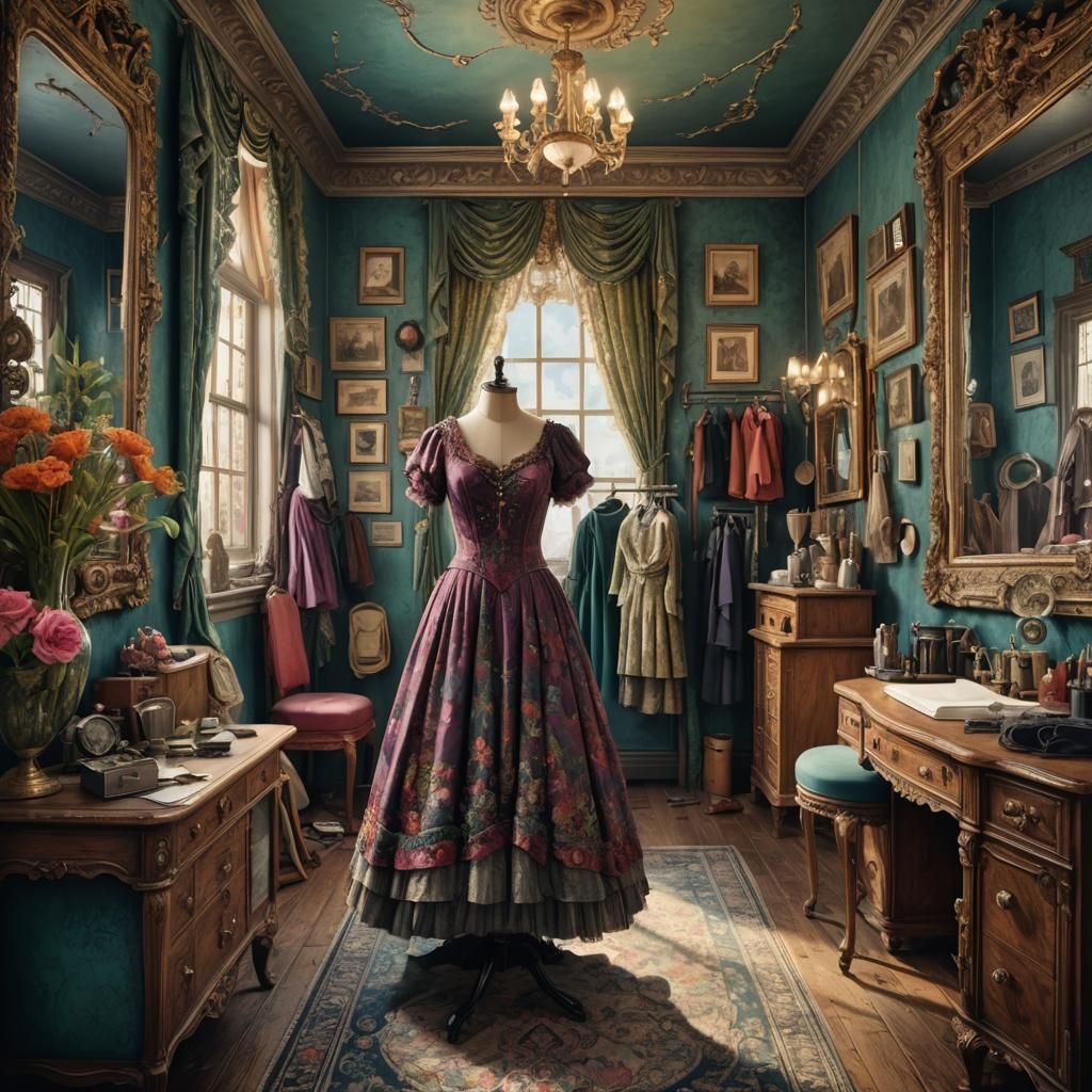 1900s Dressing Room with Splendid Dress as Detailed Matte Pa...
