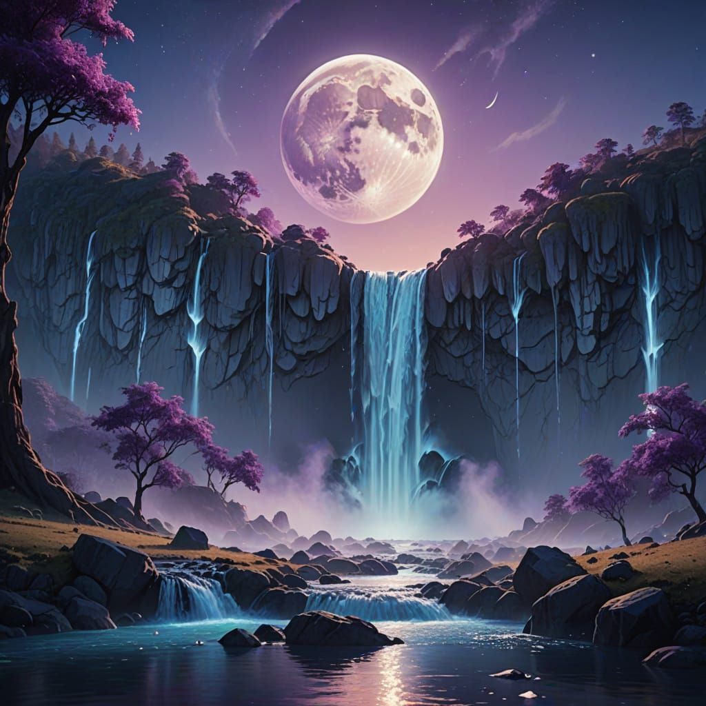 Moon Waterfalls in a Dreamlike Digital Painting