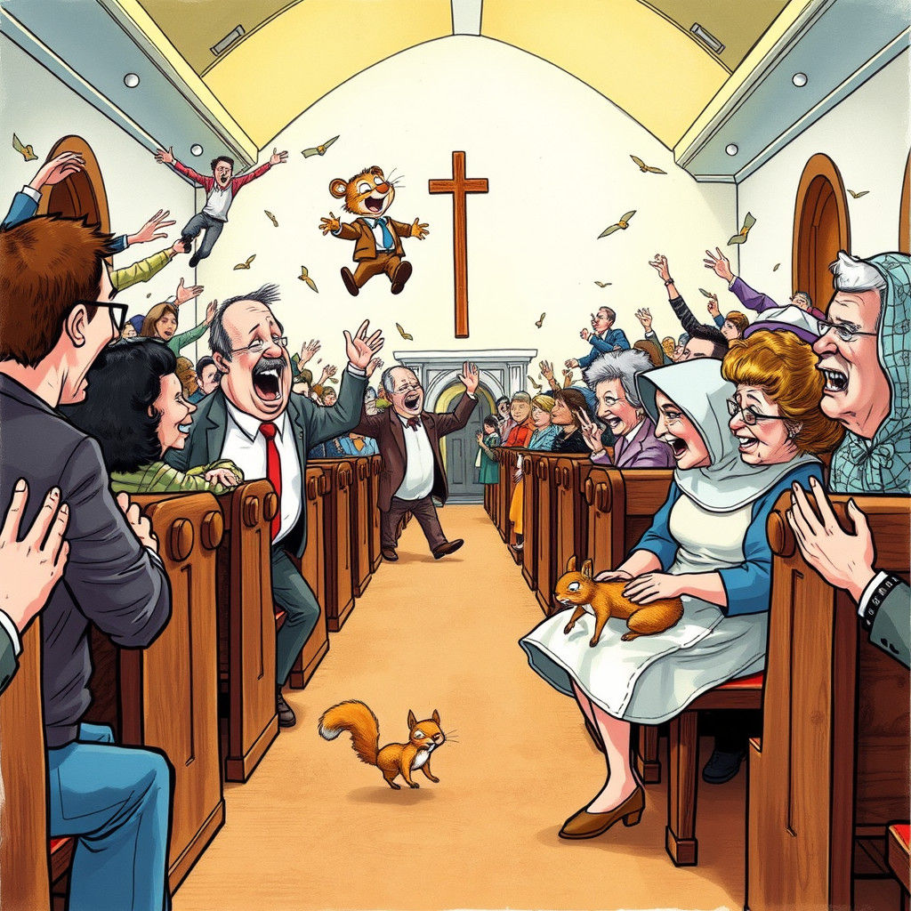 Squirrel Mayhem at Church: Rockwell Meets Seuss