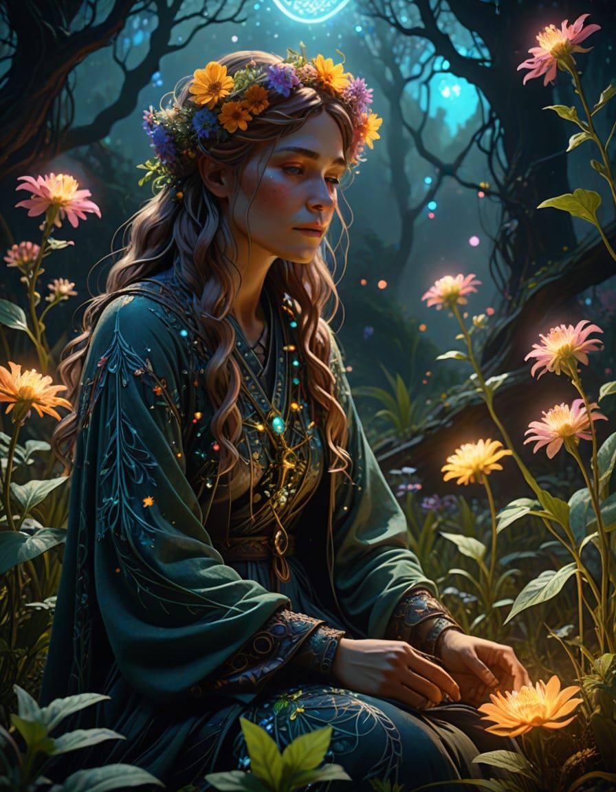 Celestial Botanist Tending Glowing Flora in Art Nouveau Styl...