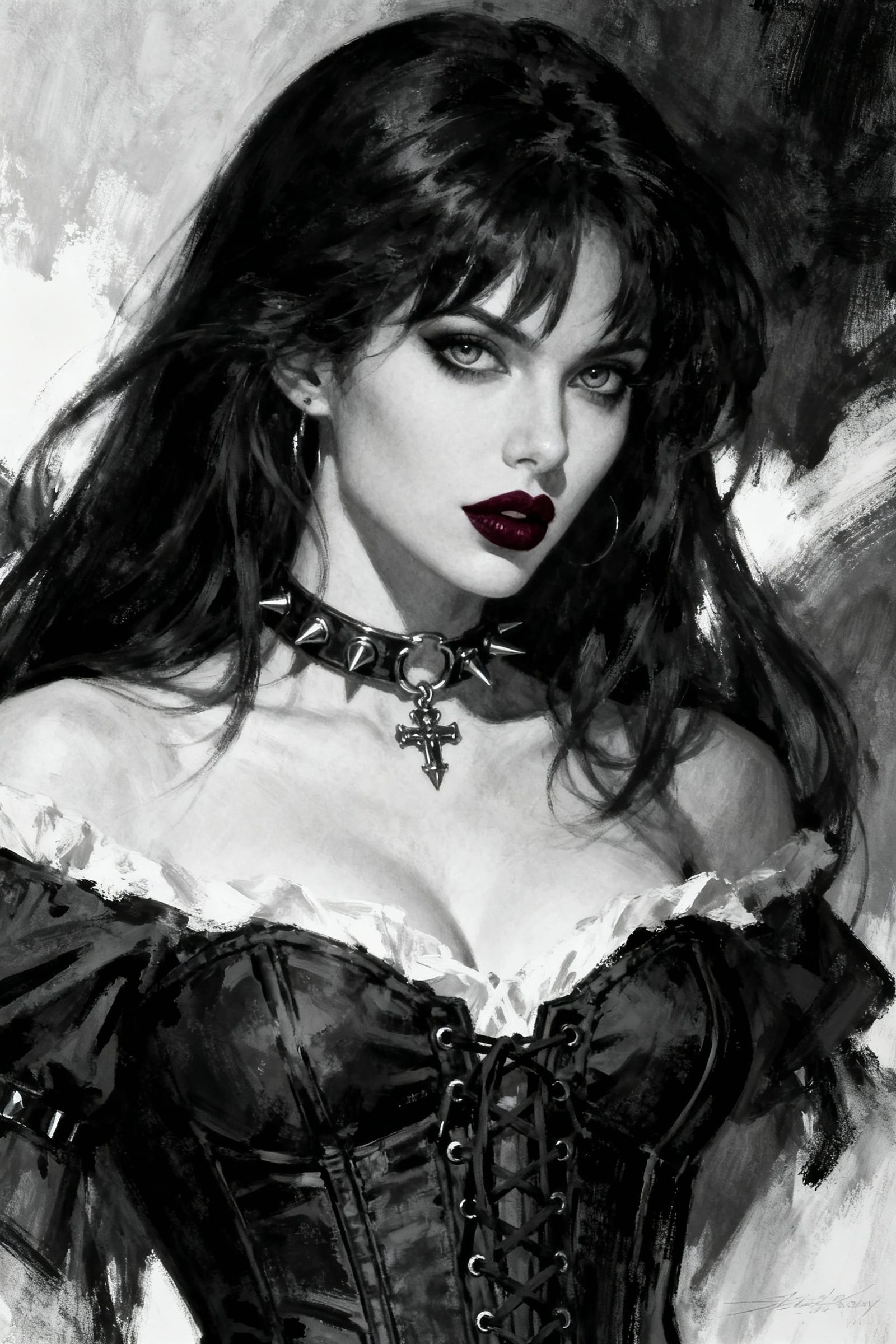 Gothic Beauty Portrait in Monochromatic Oil Style