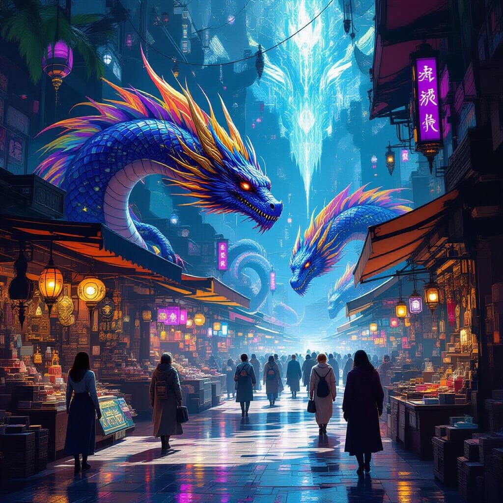 Alien Market with Dragons and Phoenixes in Retrofuture Style