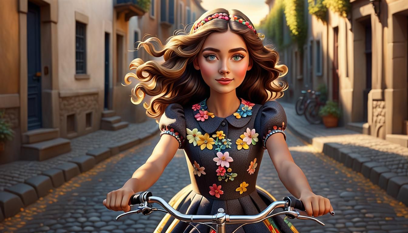 Charming Girl on Bicycle: Hyper-Realistic 3D Cartoon Portrai...