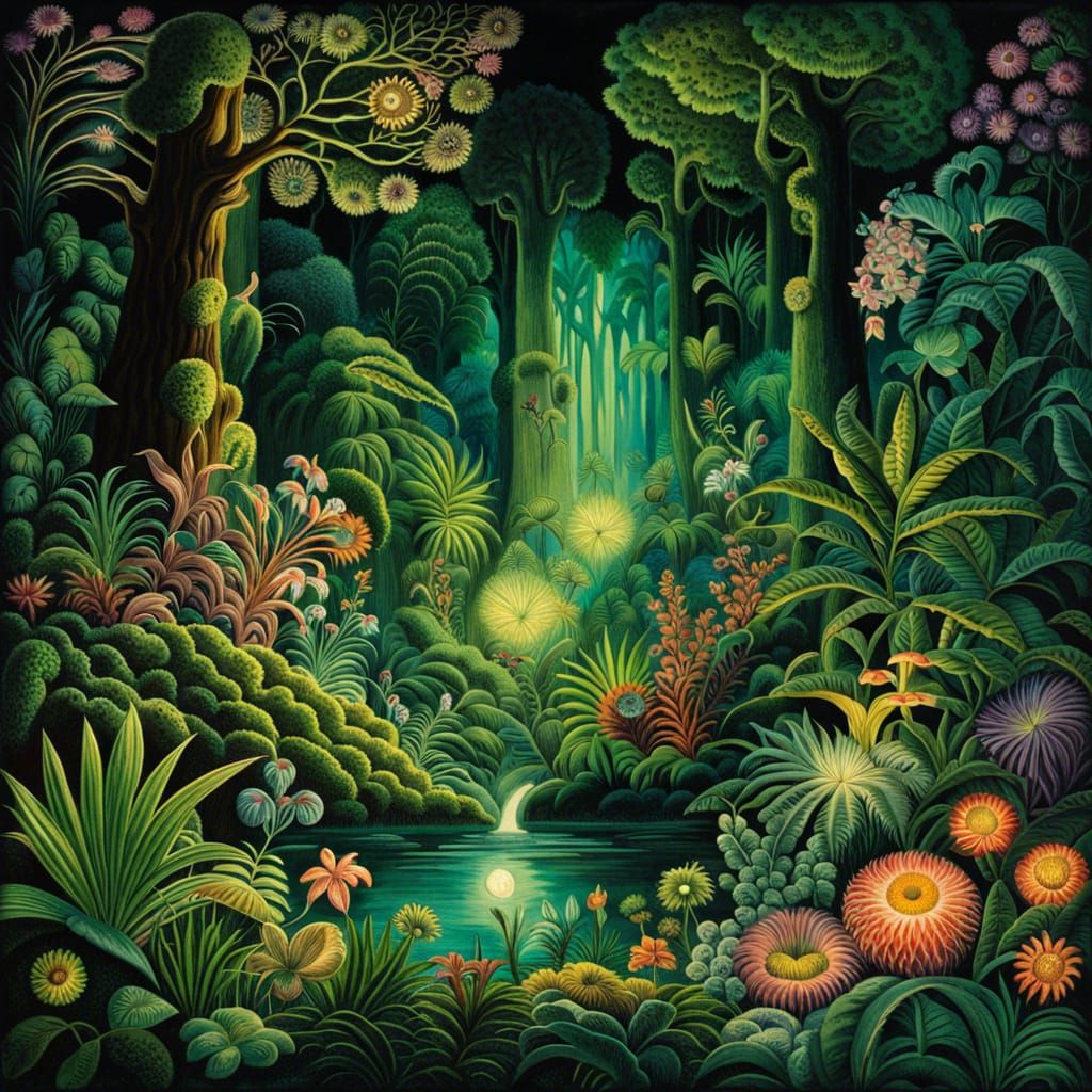 Enchanted Jungle Night Illustration in Ernst Haeckel Style