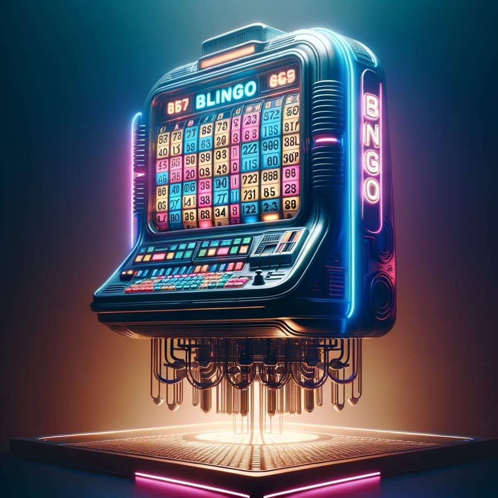 Hyperrealistic Neon Bingo Machine in Empty Void