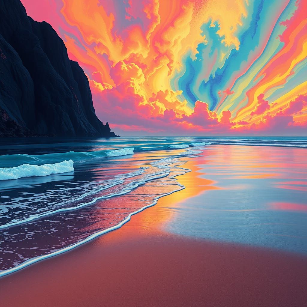 Fractal Beach Paradise in Vibrant Surrealist Colors
