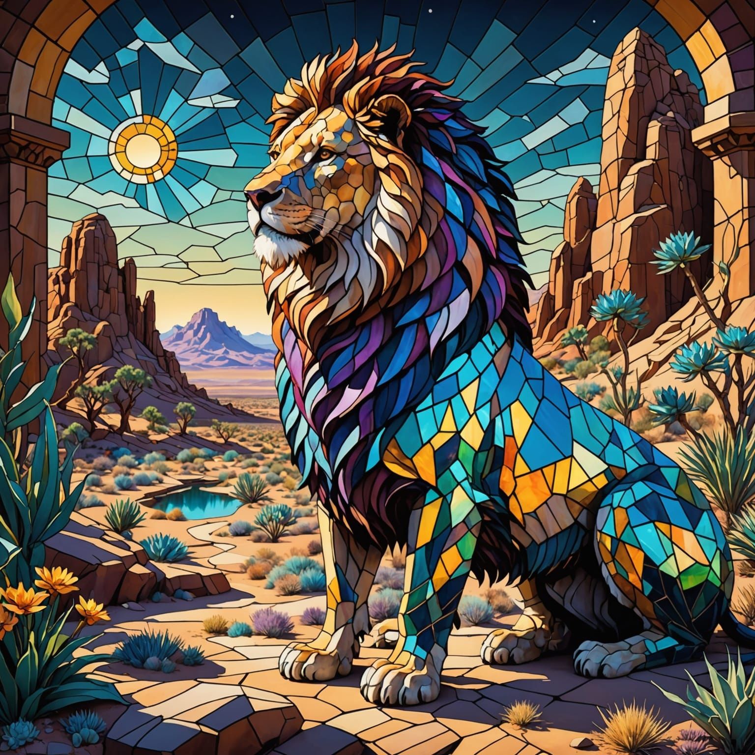 Majestic Lion in Stained Glass Style Over Alien Oasis