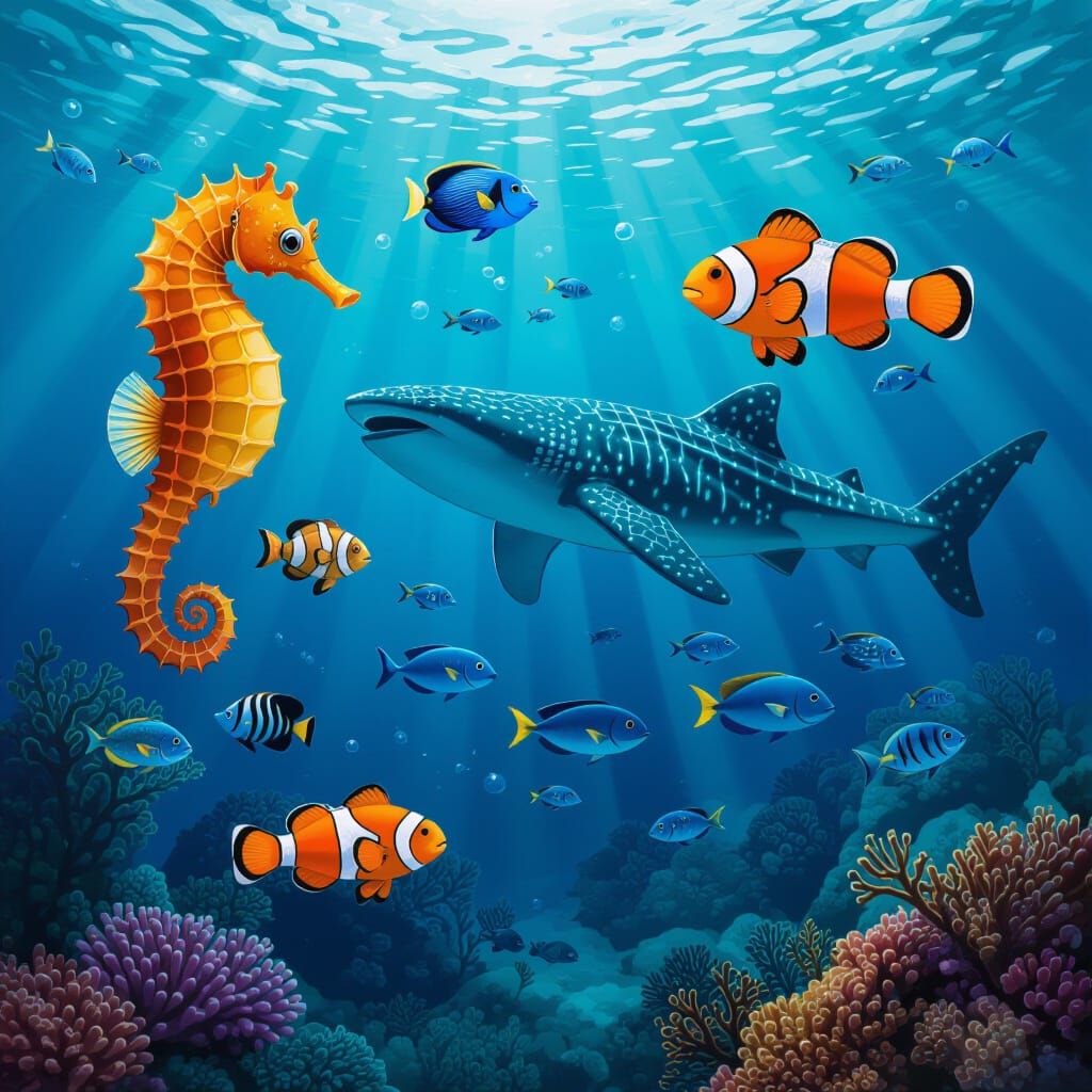 Colorful Ocean Scene with Seahorse and Sea Turtle