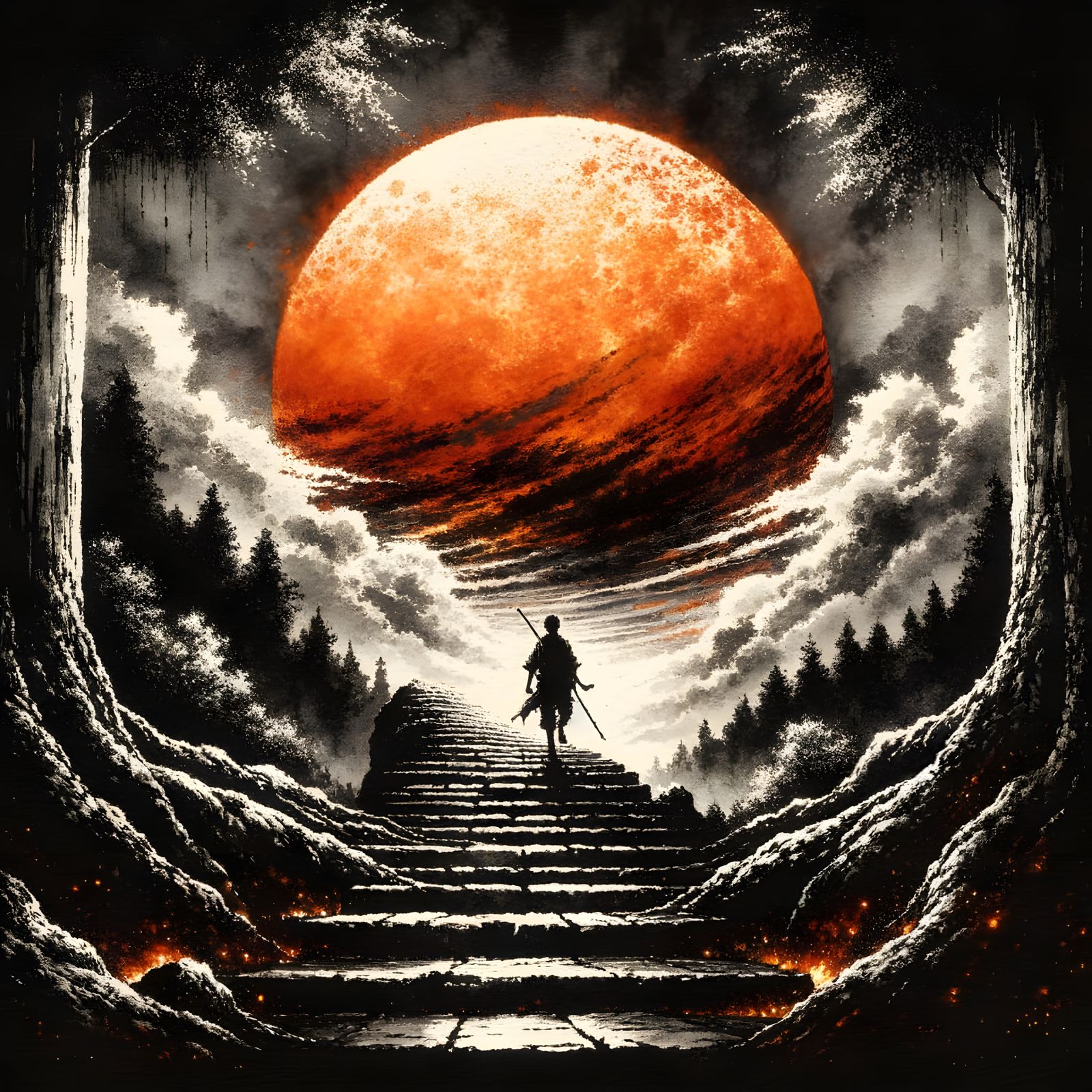 Ink Painting of Adventurer Ascending Steps with Fiery Sun