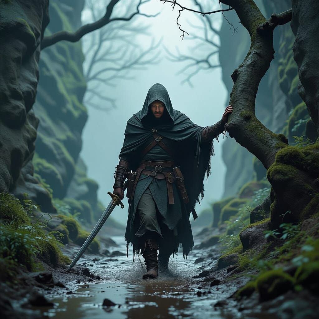 Weary Wanderer in Dark Fantasy Landscape