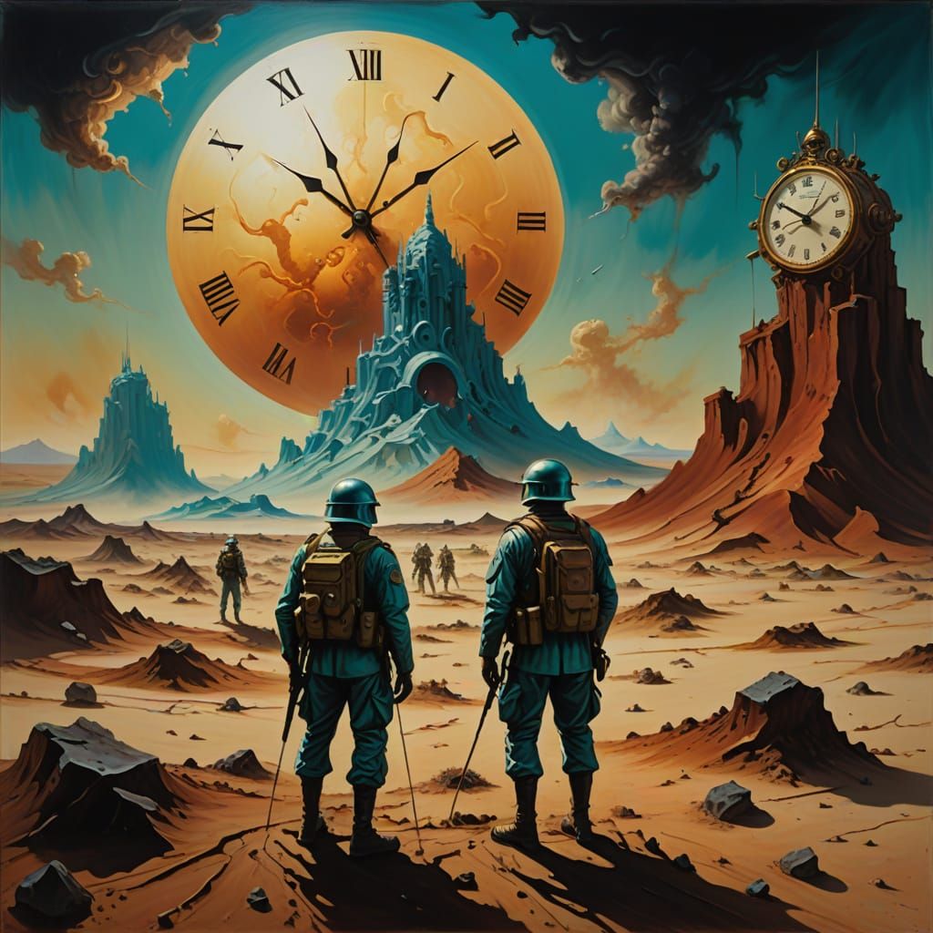 Surreal Desert Battlefield Scene in Vibrant Oil Colors