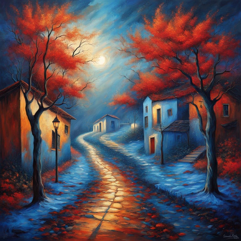 Dreamlike Village Street in Eerie Golden Light