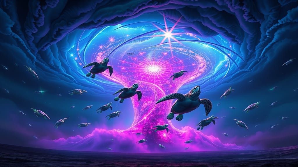 Bioluminescent Sea Turtle Tornado in Synthwave Style