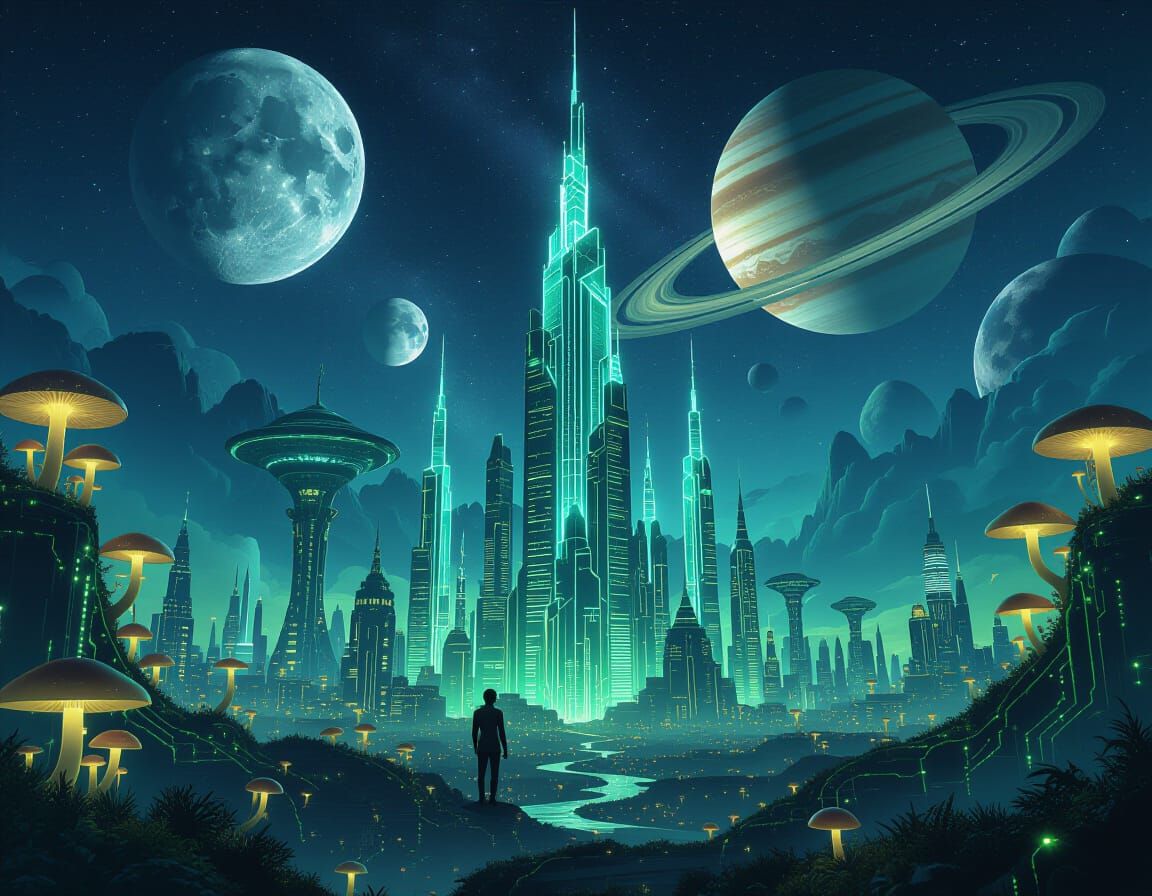 Alien Cityscape with Bioluminescent Flora