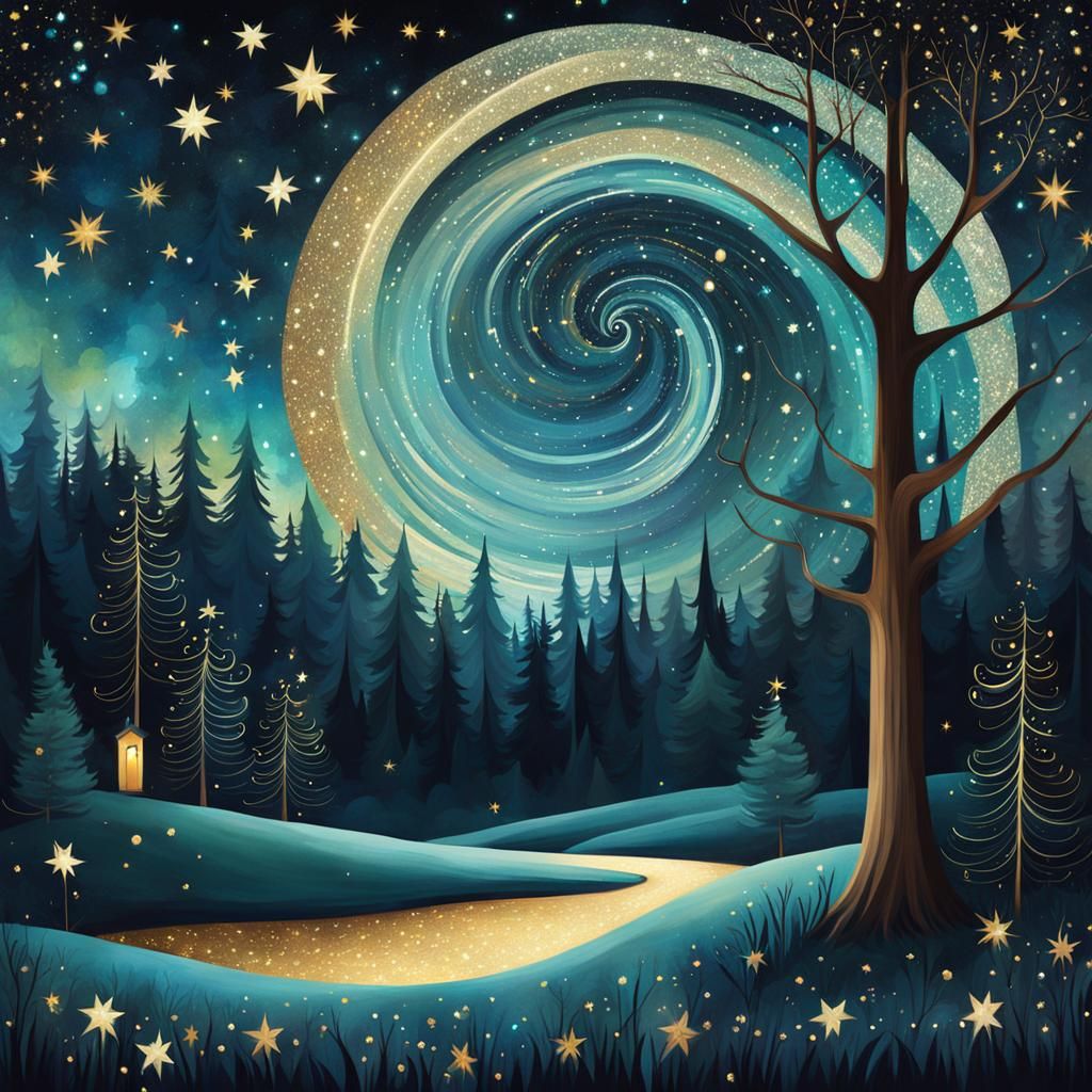 Starry Nebula Sky Over Enchanted Forest