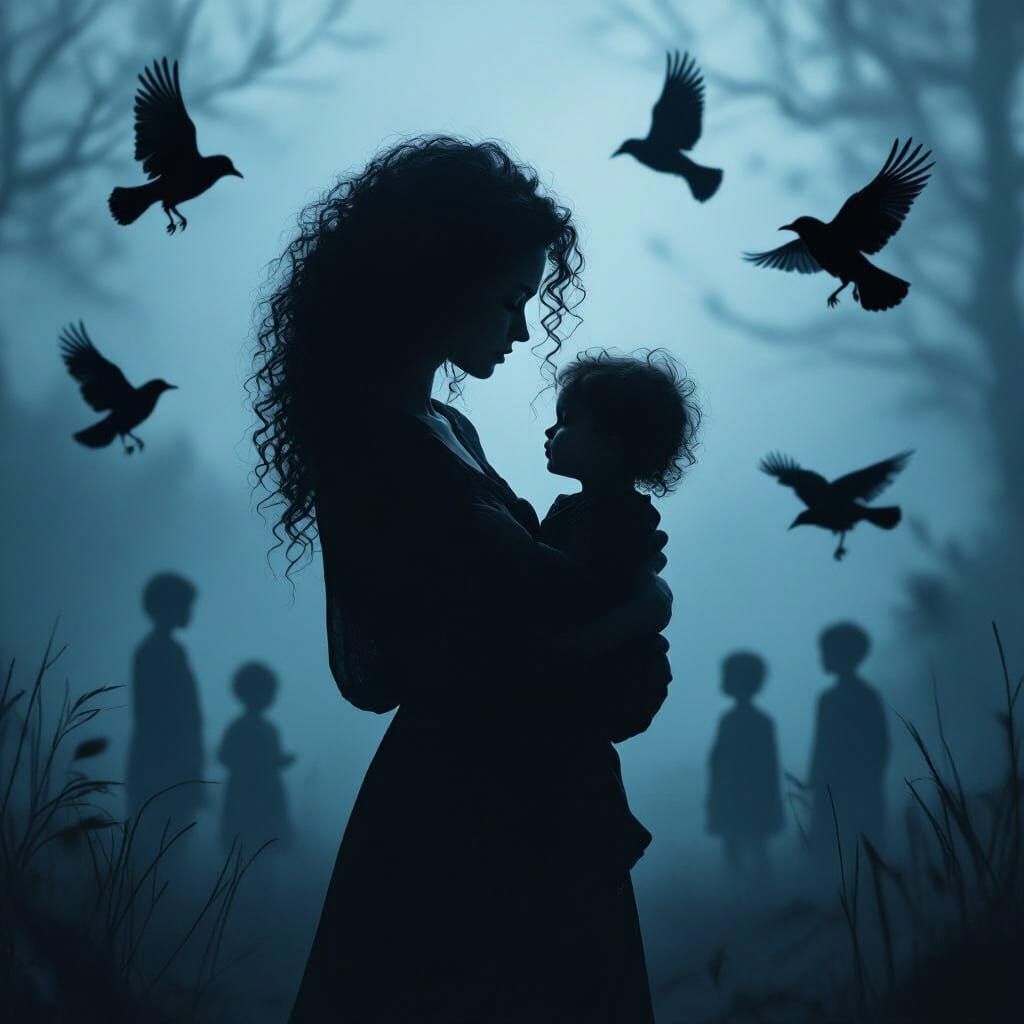 Cinematic Silhouette: Woman Holds Child Amidst Crows