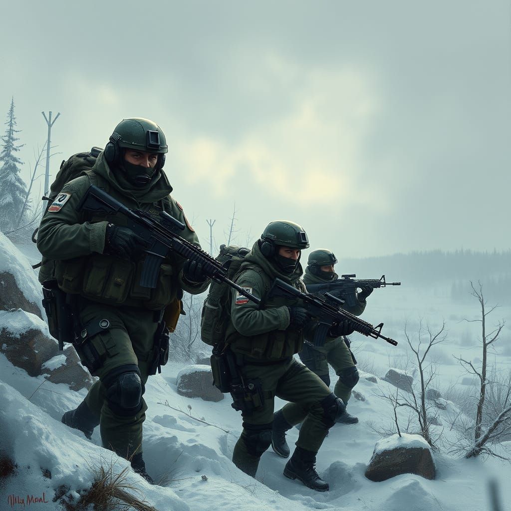 Russian Soldiers in Snowy Dystopian Landscape