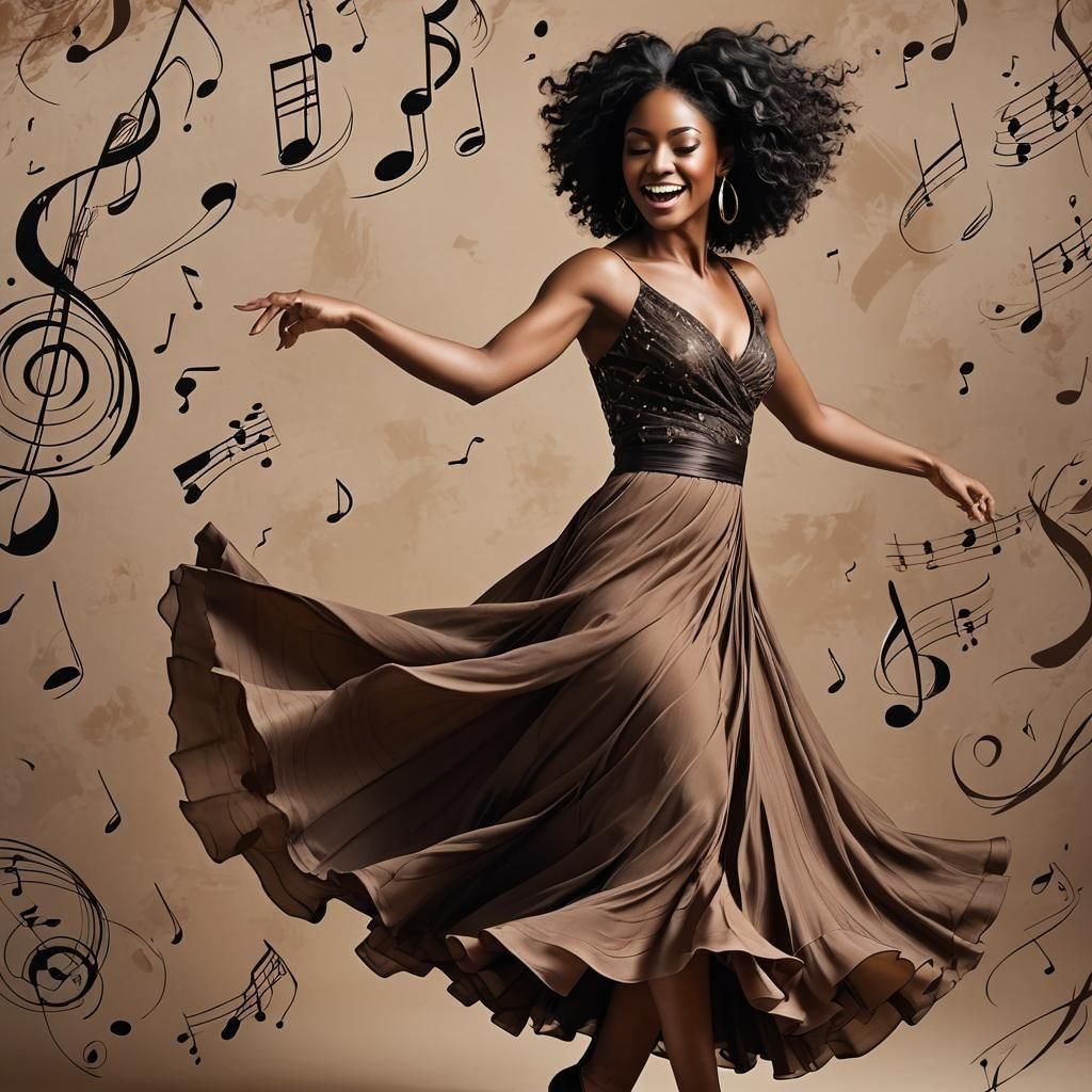 Elegant African American Woman Dancing with Music Notes