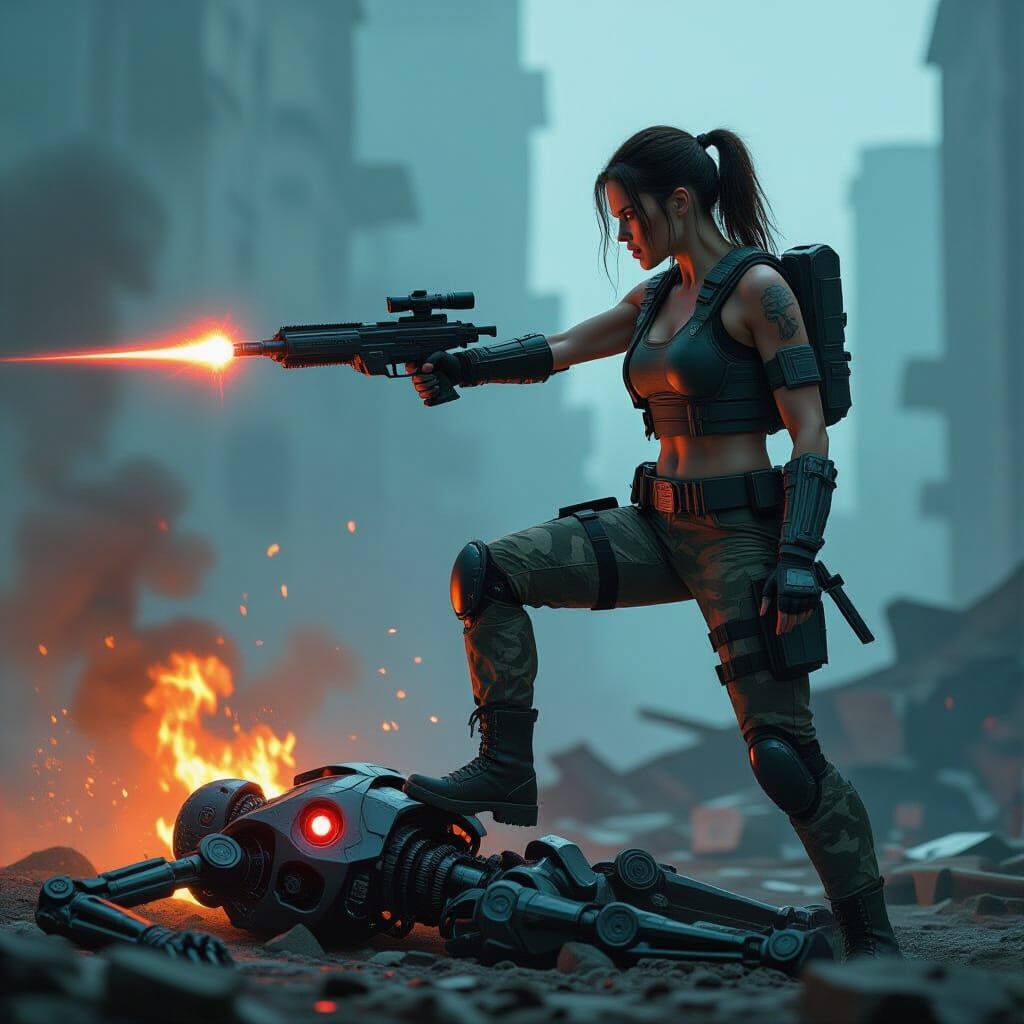 Sarah Conner Triumphant Over Terminator in Dystopian Scene