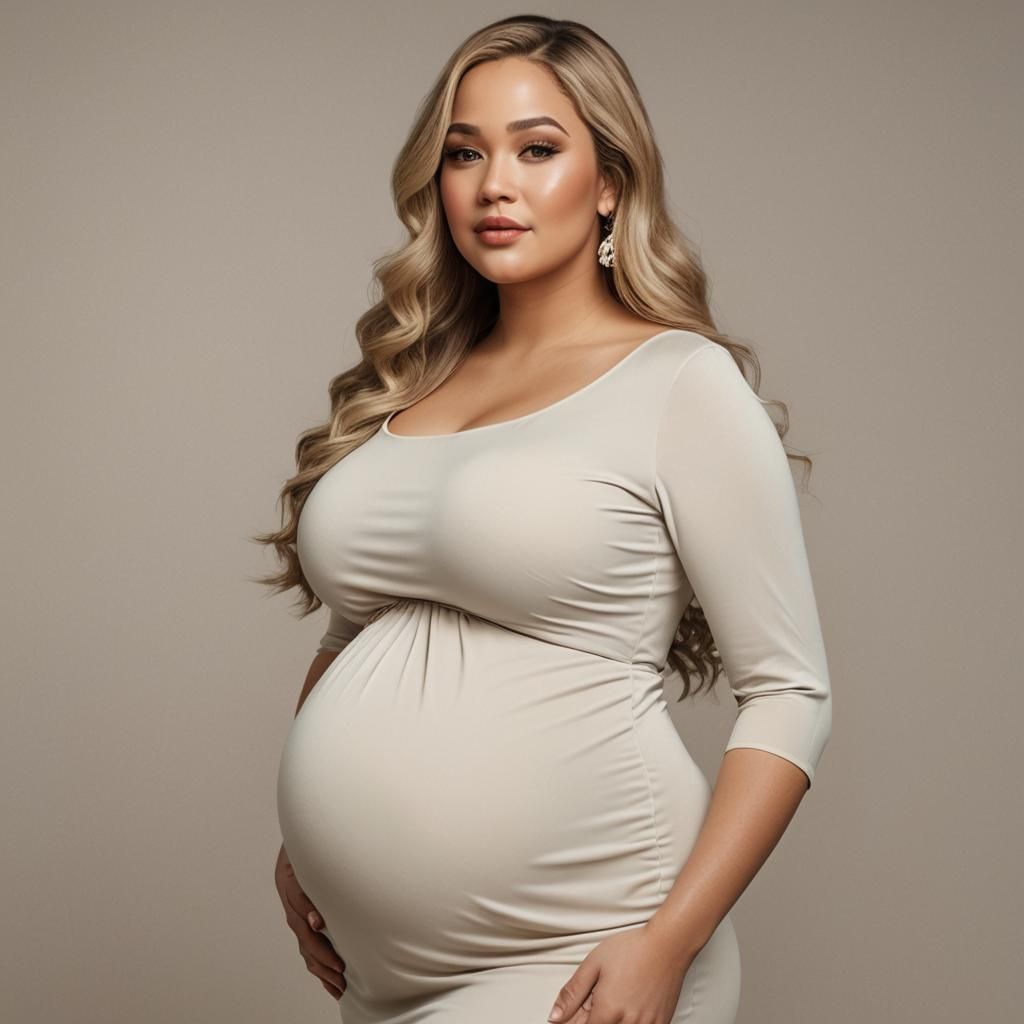 Curvy Woman Pregnant with Quadruplets in White Dress