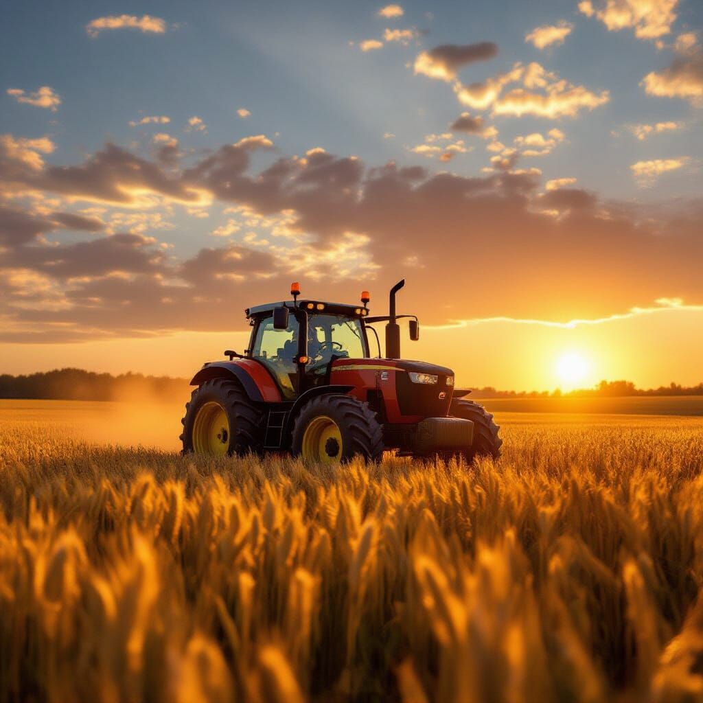 Tractor Plowing Golden Wheat Field with Glitch Art Effects