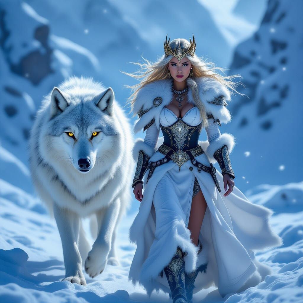 Valkyrie with Wolf Companion in Snowy Mountains