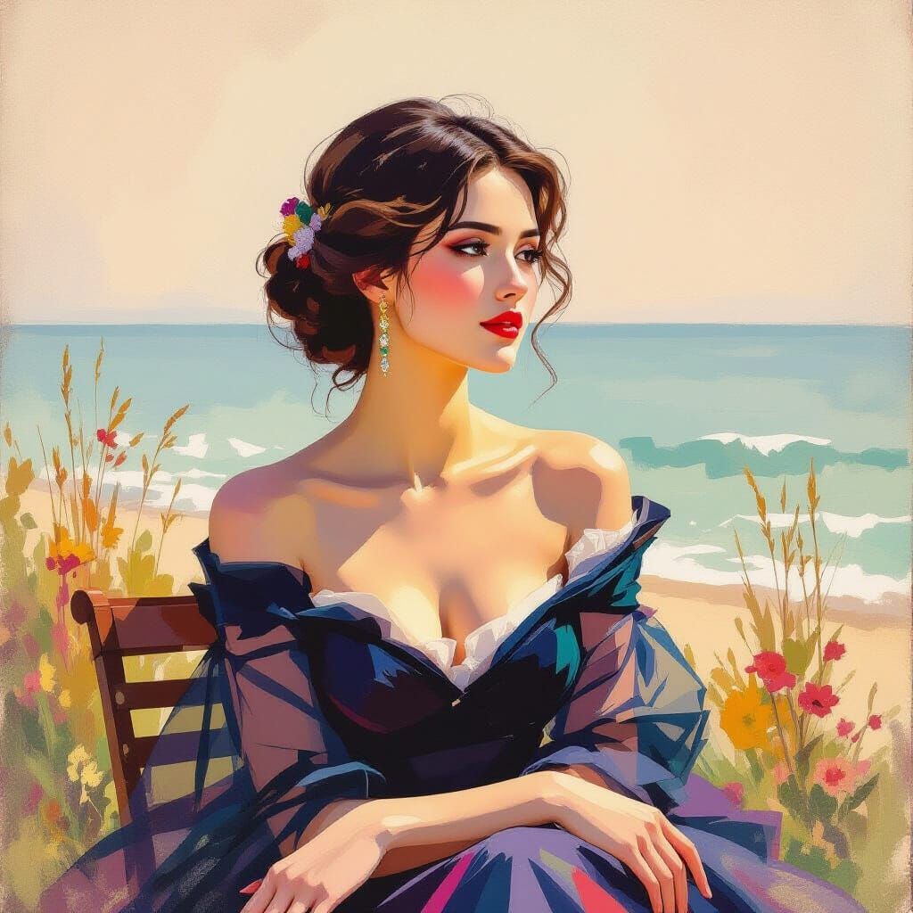 Woman Gazing: Gouache Portrait with Impasto Textures