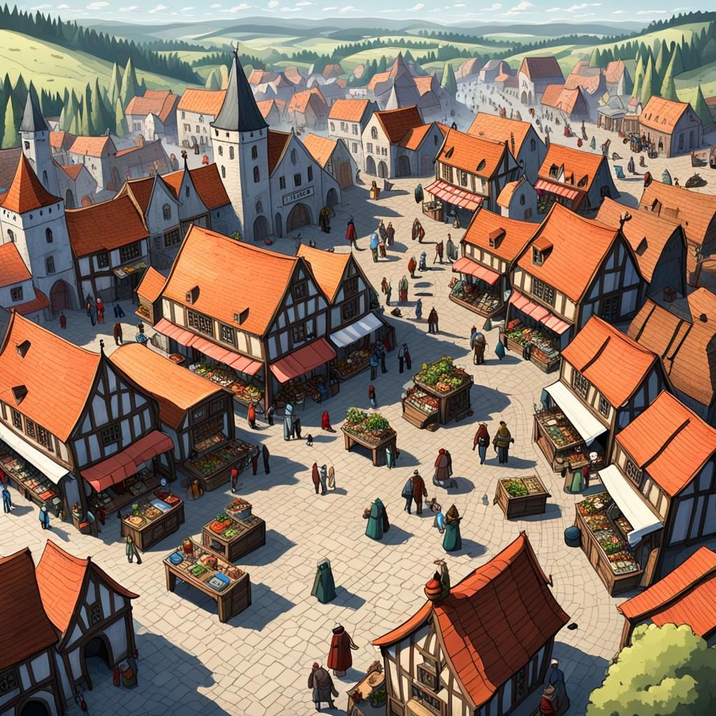 Overhead View of a Bustling Medieval Fantasy Town
