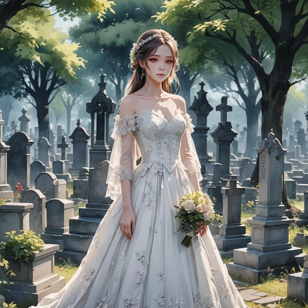 Watercolor Bride in Cemetery: 3D Anime Art