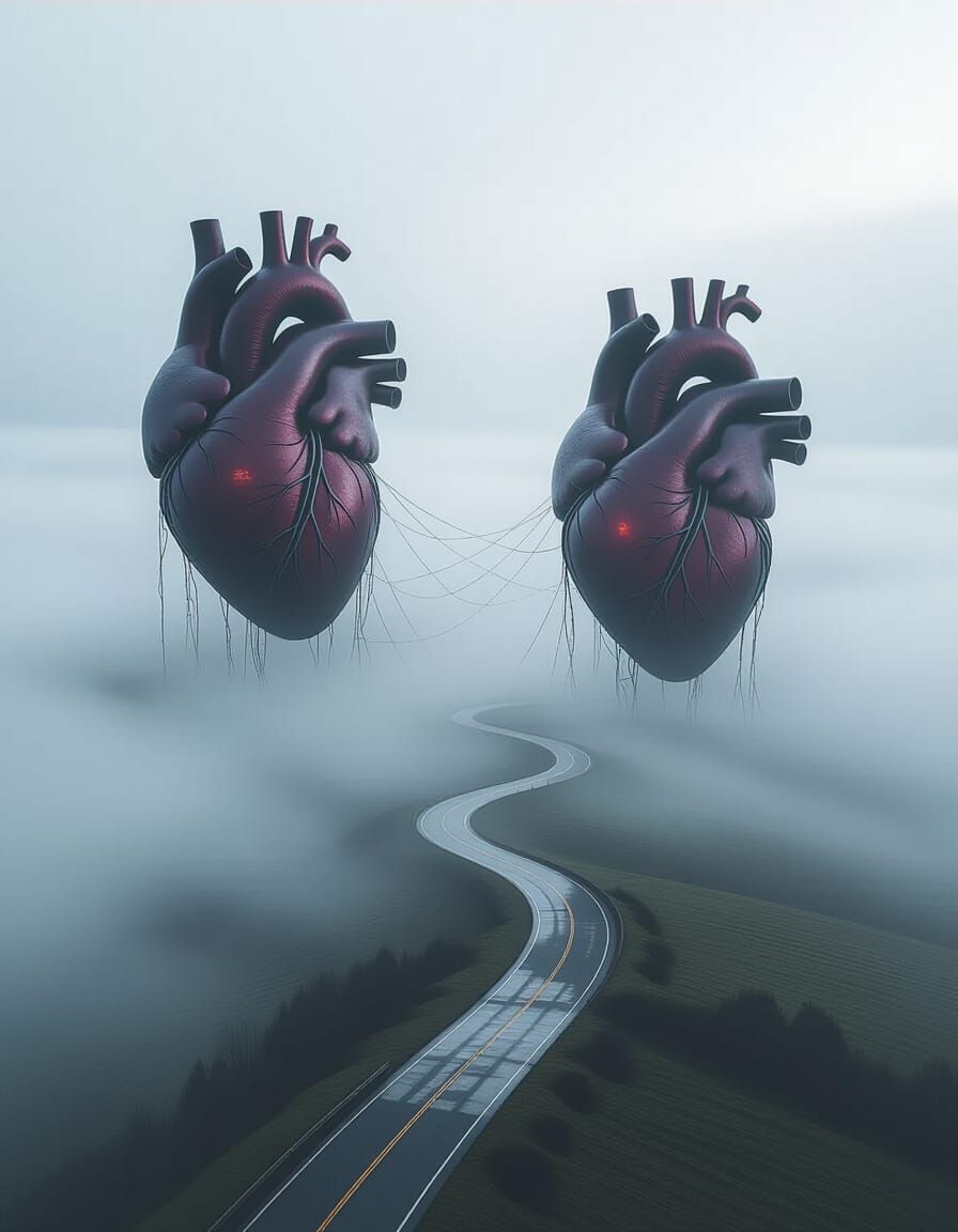Surreal Foggy Landscape with Giant Hearts in HDR