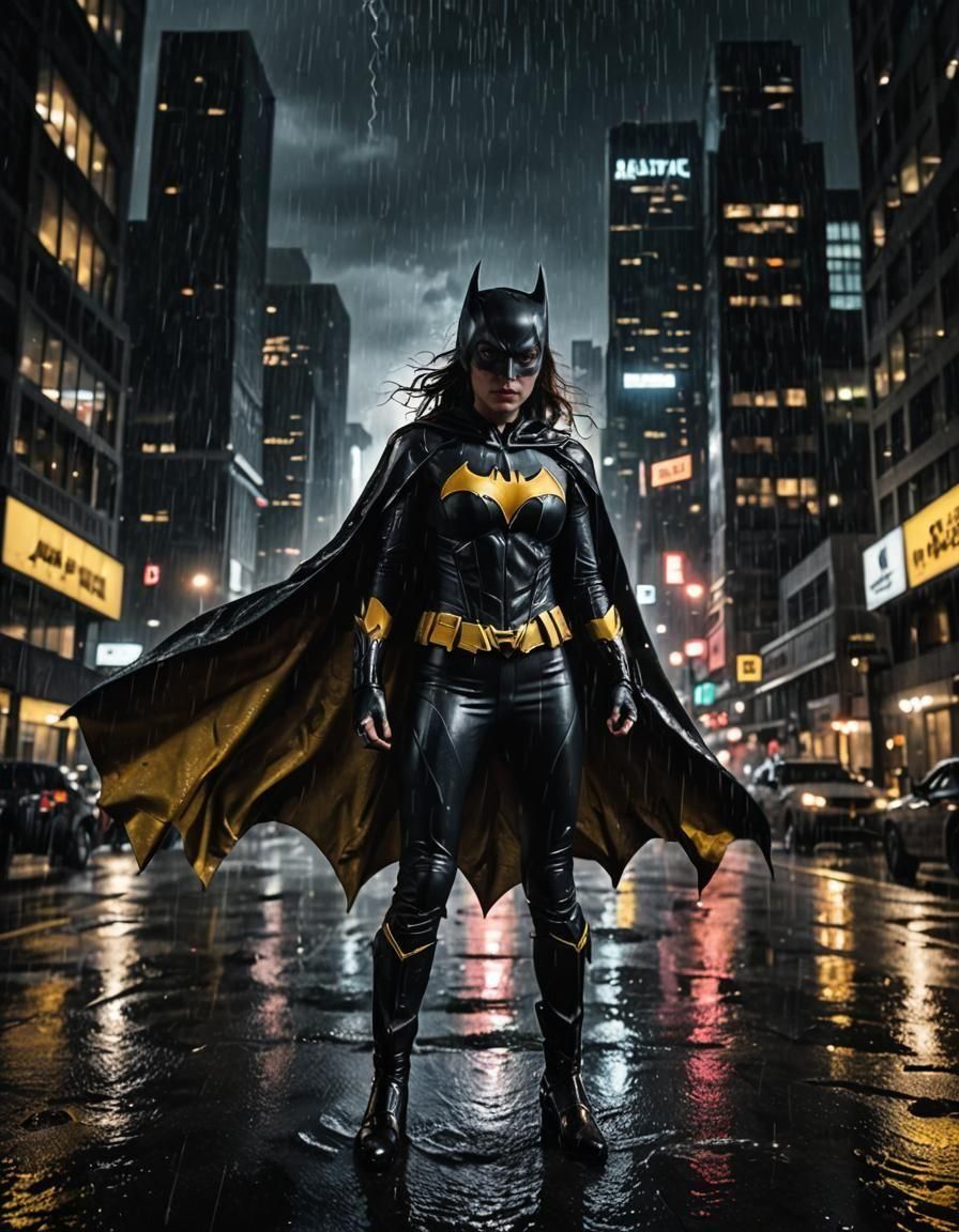 Batgirl on Gotham Skyscraper in the Rain, Digital Art
