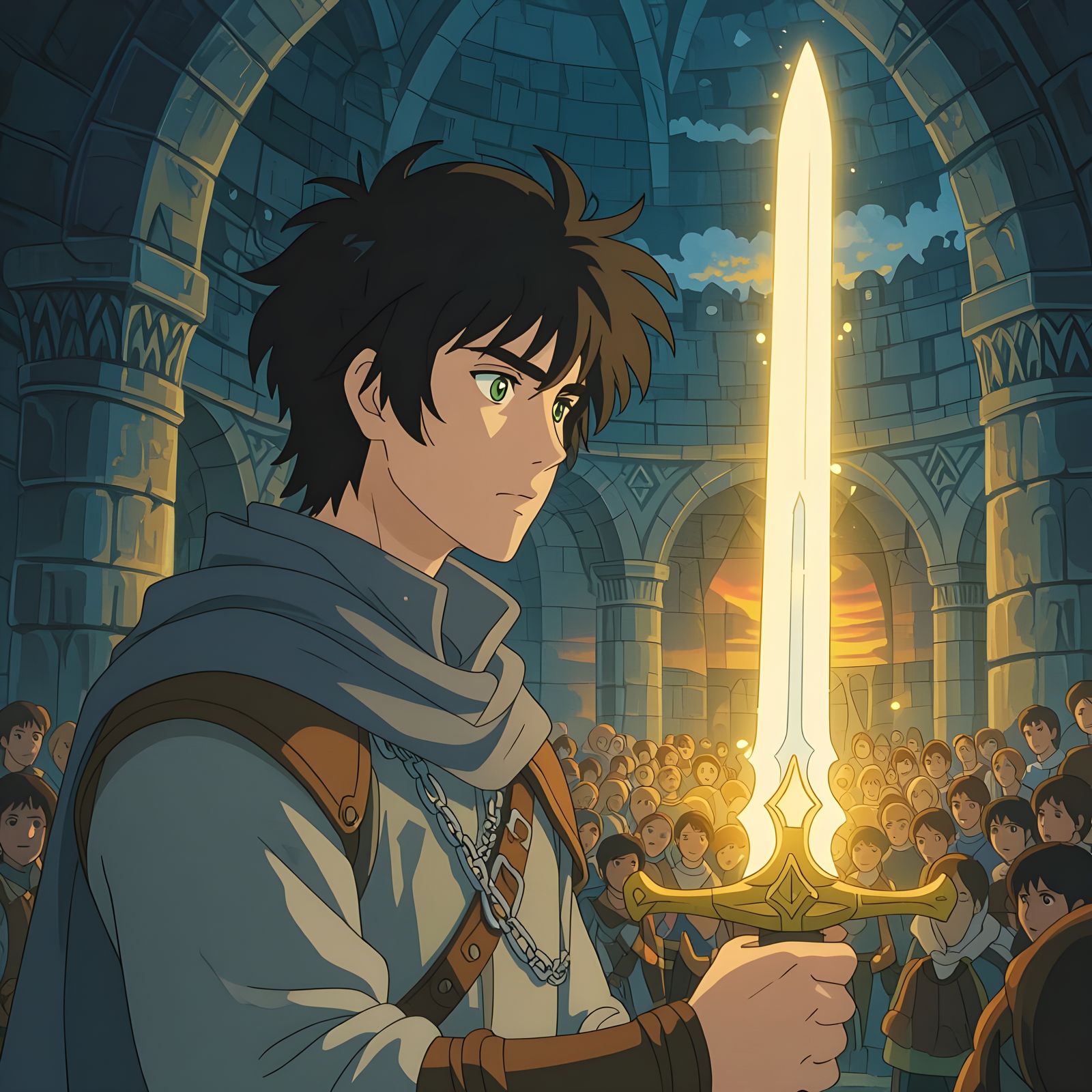 Fantasy Hero Kael Gazes at Sunrise in Studio Ghibli Style