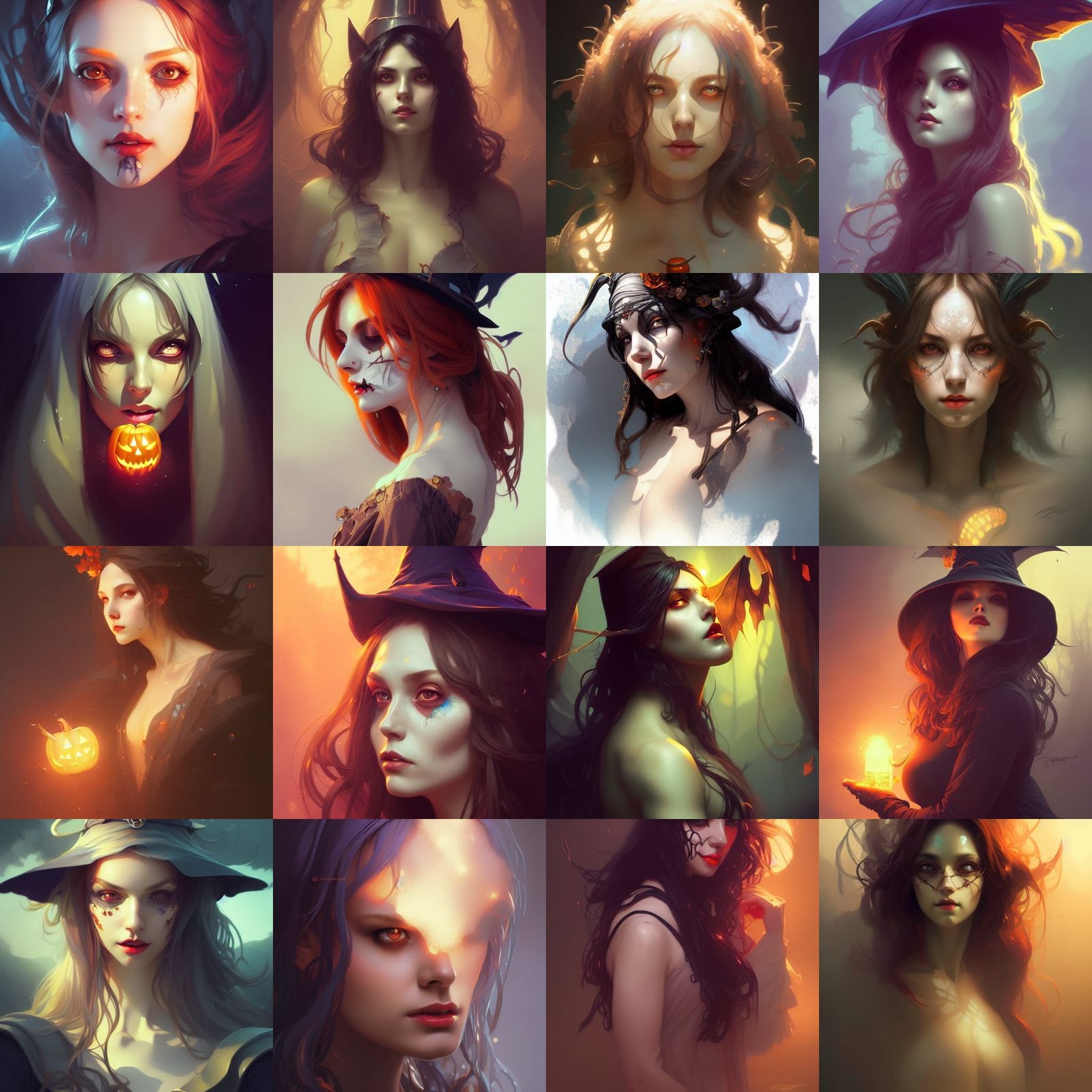 Cute Halloween Witch Portrait in Art Nouveau Style