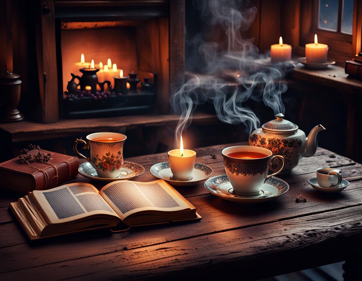 Cozy Candlelit Scene with Tea and Book