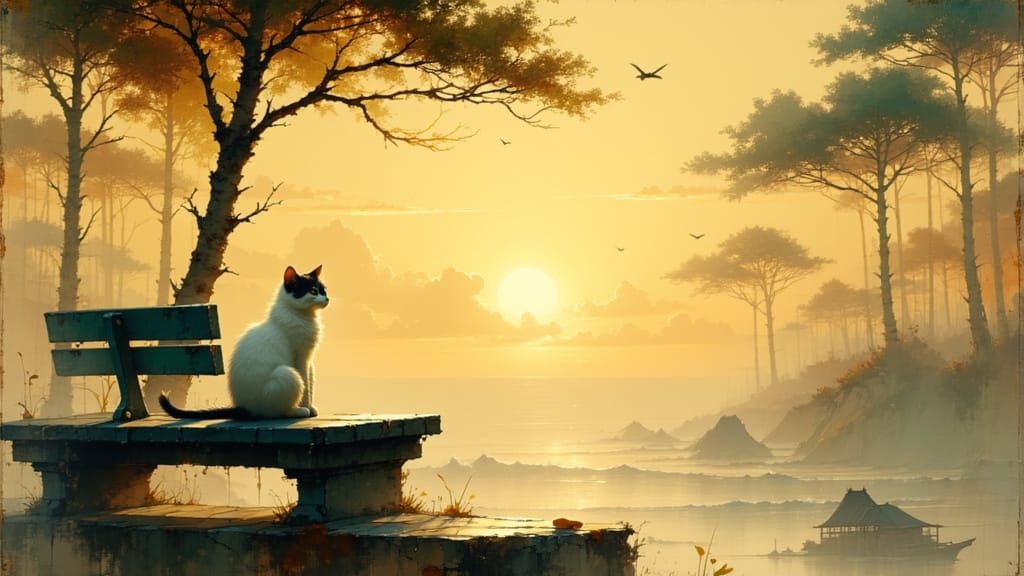 Impressionist Cat Watching Sunset Over Ocean
