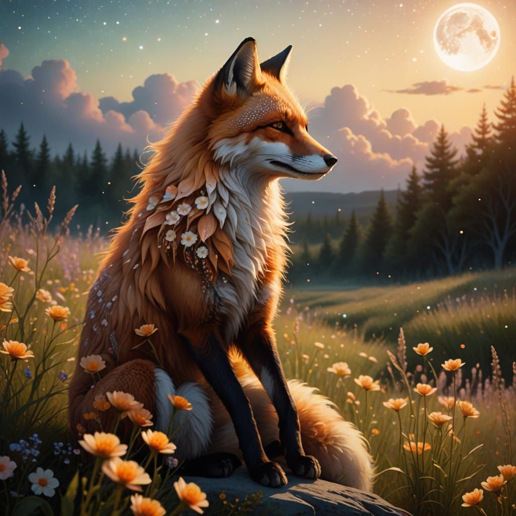 Nine-Tailed Fox Spirit Under Celestial Moon