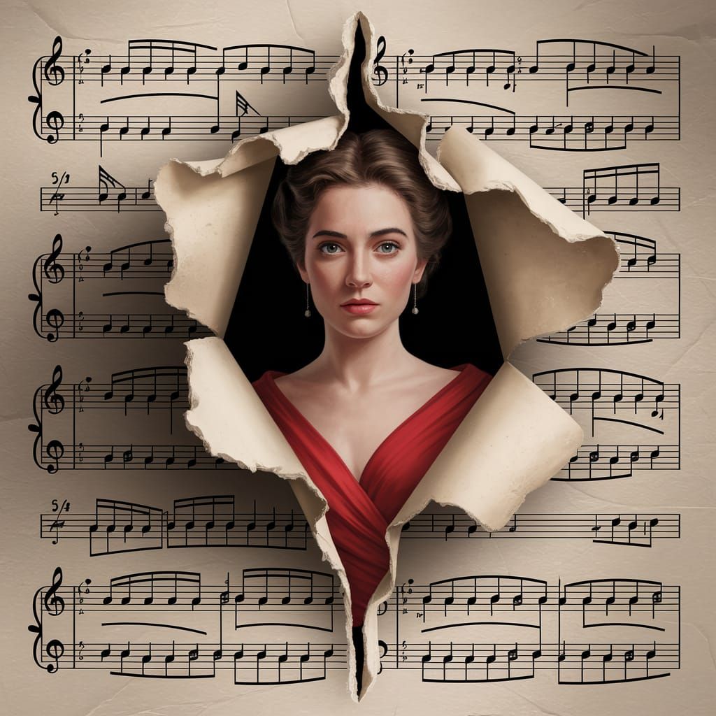 Surreal Woman Emerging from Torn Sheet Music