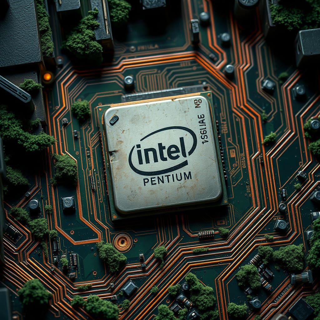 Vintage Pentium Processor in Moss-Green Landscape