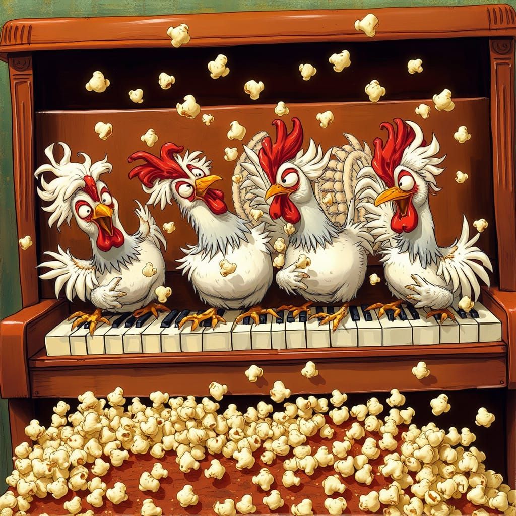 Whimsical Hens Play Vintage Piano, Amidst a Popcorn Dance