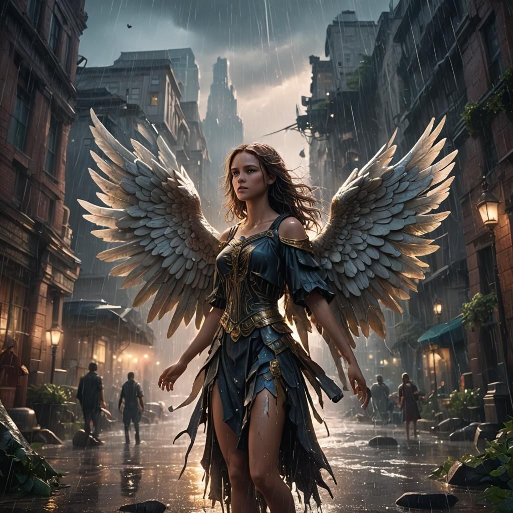 Angelic Embrace in Rain: Detailed Matte Painting