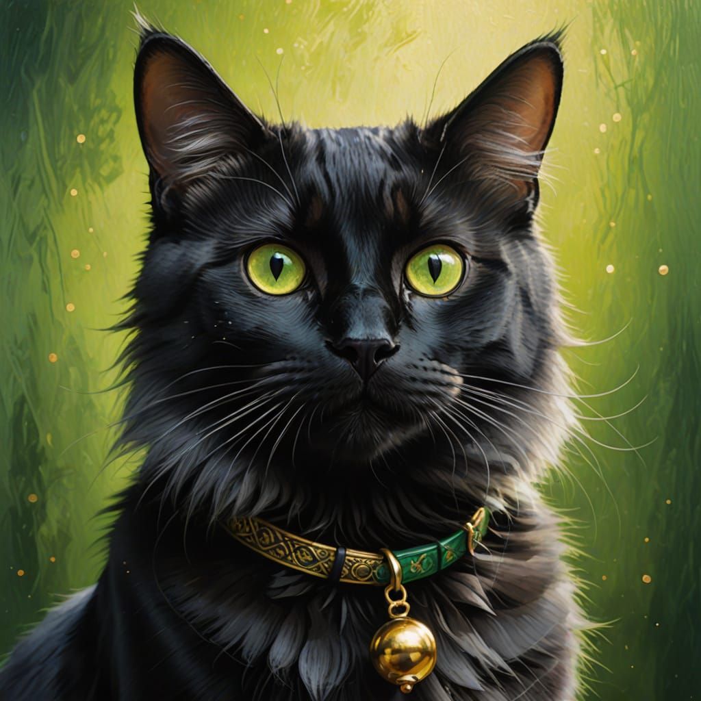 Black Cat with Golden Bell in Whimsical Style