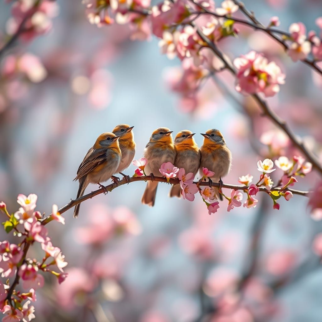 Birds Perched on a Vibrant Spring Twig in Diamond Painting S...