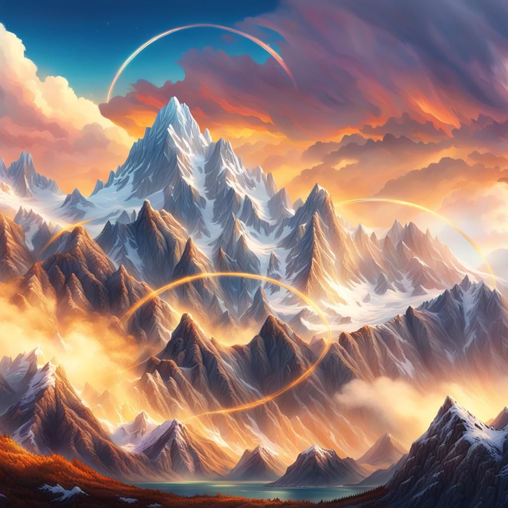 Snow-Capped Mountains with Floating Clouds in Digital Painti...