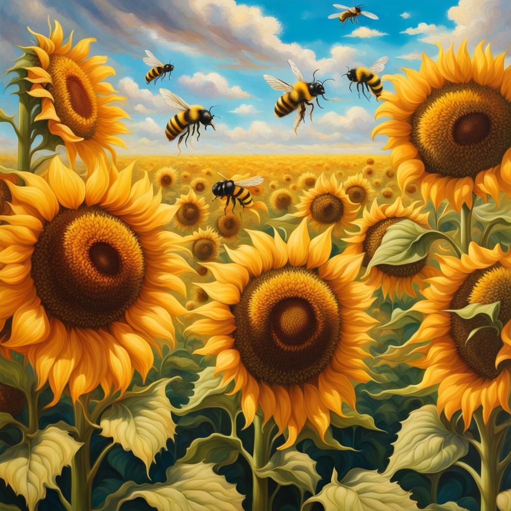 Hyper-Realistic Sunflowers and Bumblebees in Divine Light