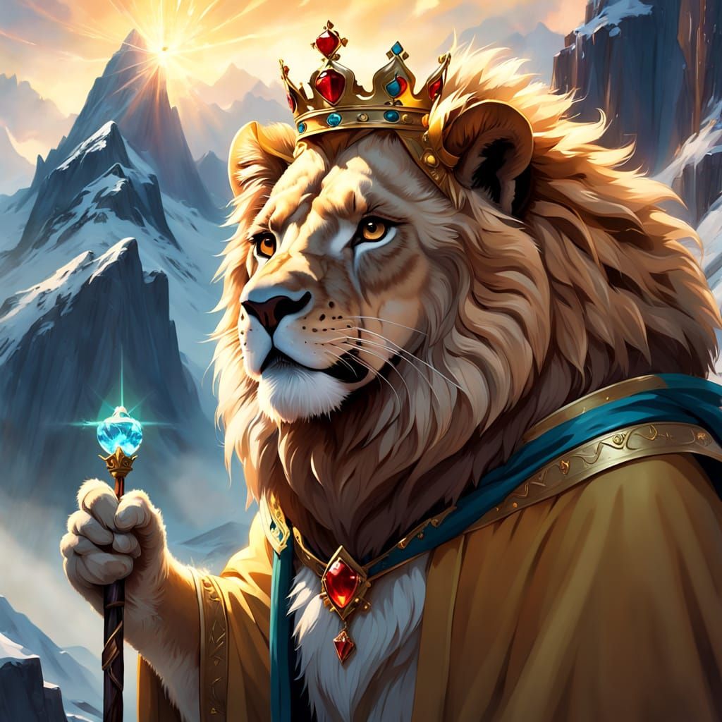 Lion King on Mountain Peak in Anime Style