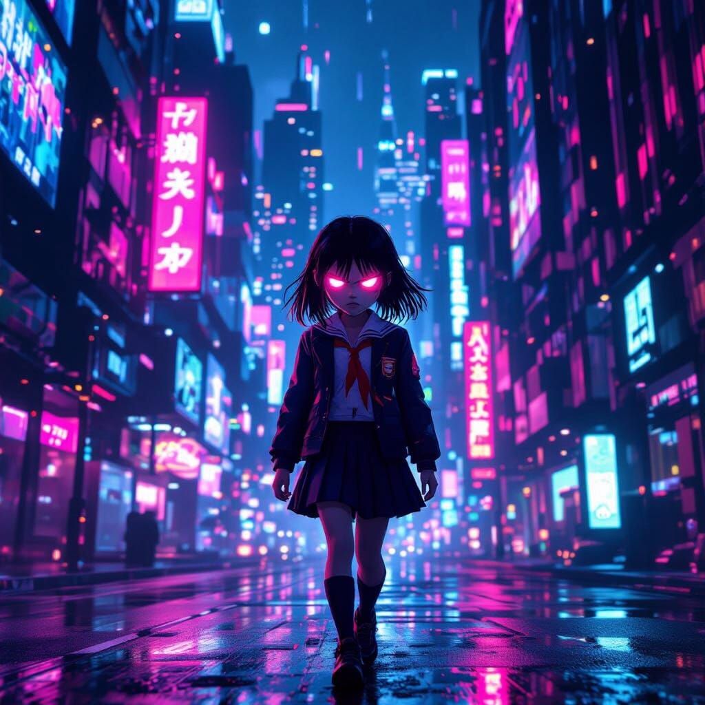 Scary Schoolgirl in Neon Cyberpunk Cityscape