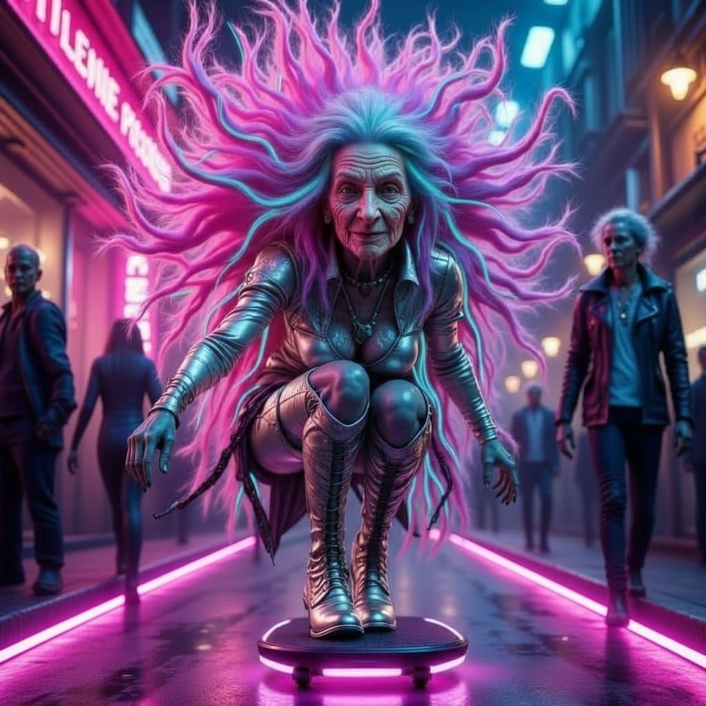 Cyberpunk Elder Woman on Hoverboard